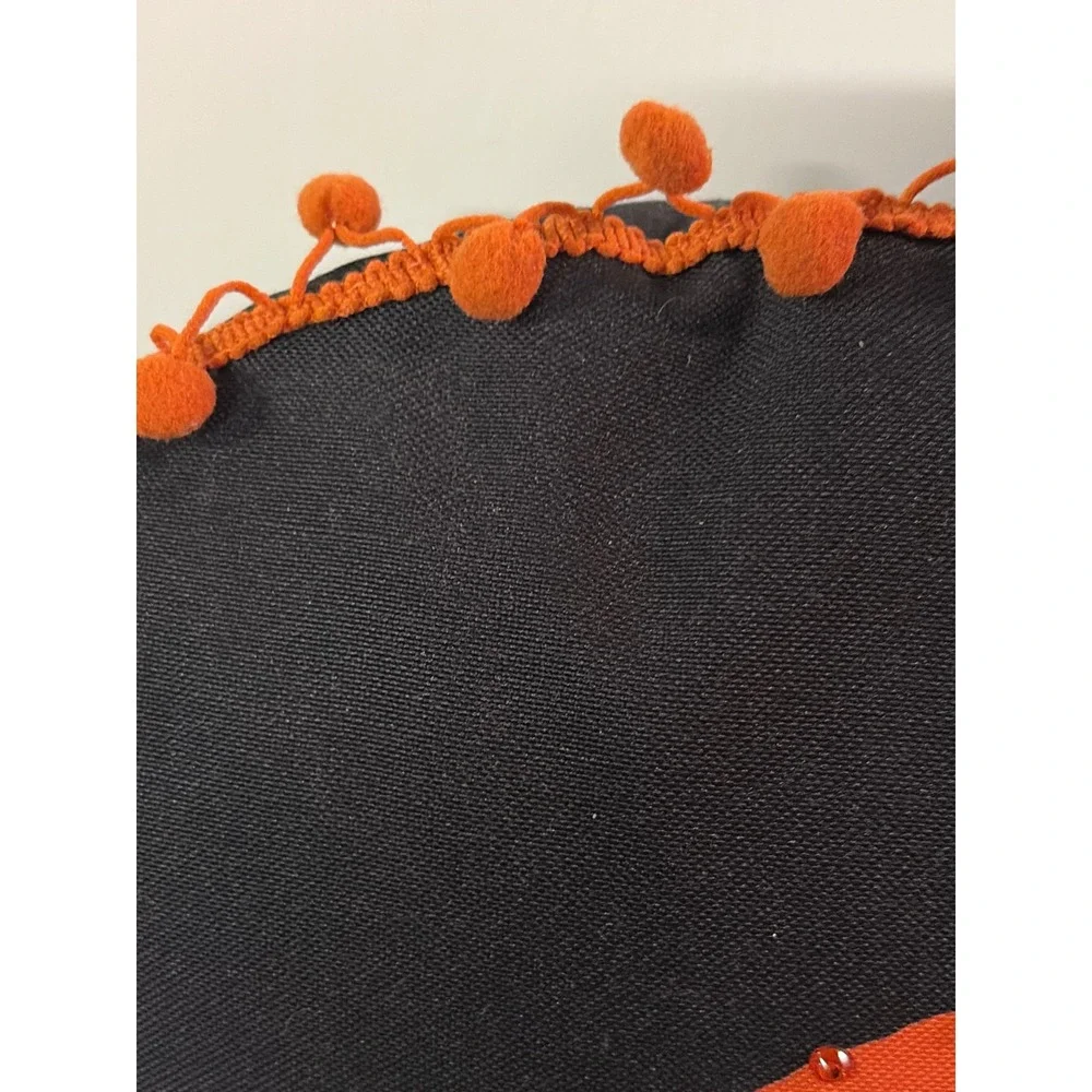 Halloween Boo Round Throw Pillow Black Orange Rhinestone Pom Pom Trim 15 Inch